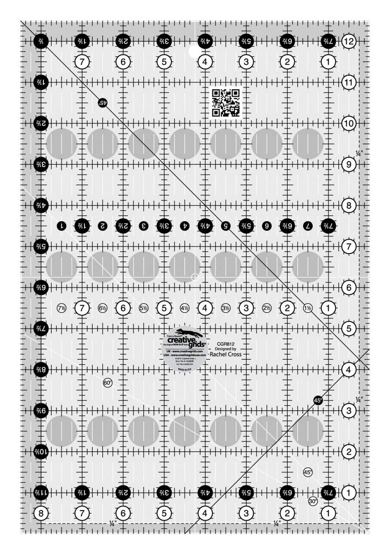 Creative Grids Quilt Ruler 8-1/2in x 12-1/2in Rectangle â€“ CGR812 â€“ Made in USA, Non-Slip Grip Acrylic Quilting, Sewing, Crafting, Patchwork Ruler for Measuring & Cutting Fabric - Image 1